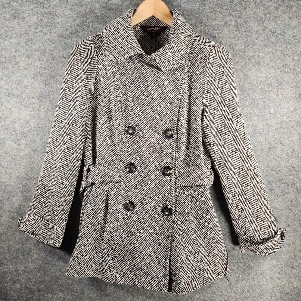 VTG Cavalini Outerwear Brown White Herringbone Pea Coat Jacket‎ Women PL Office